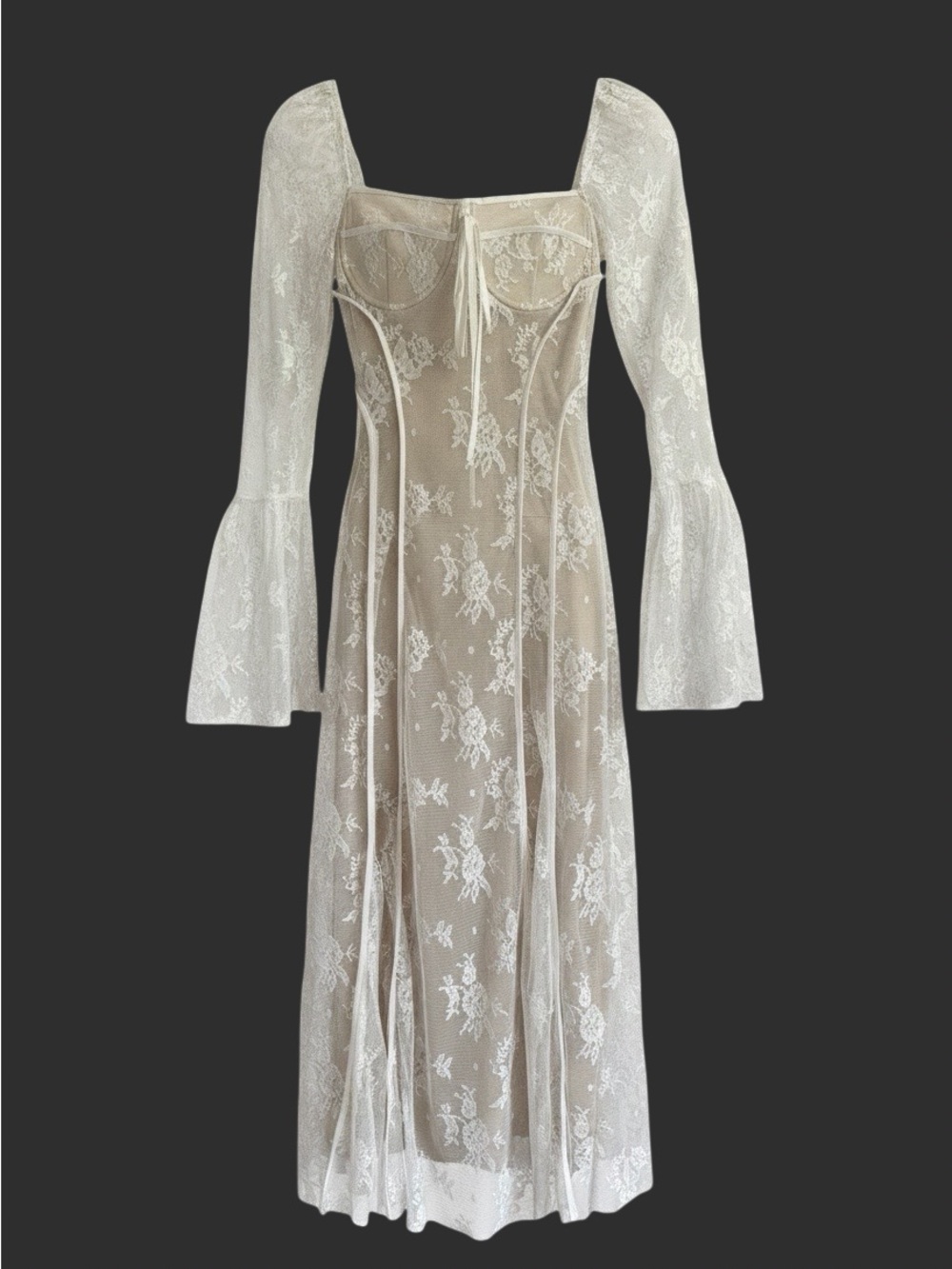 White Lace Long Sleeve Square Neck Maxi Dress